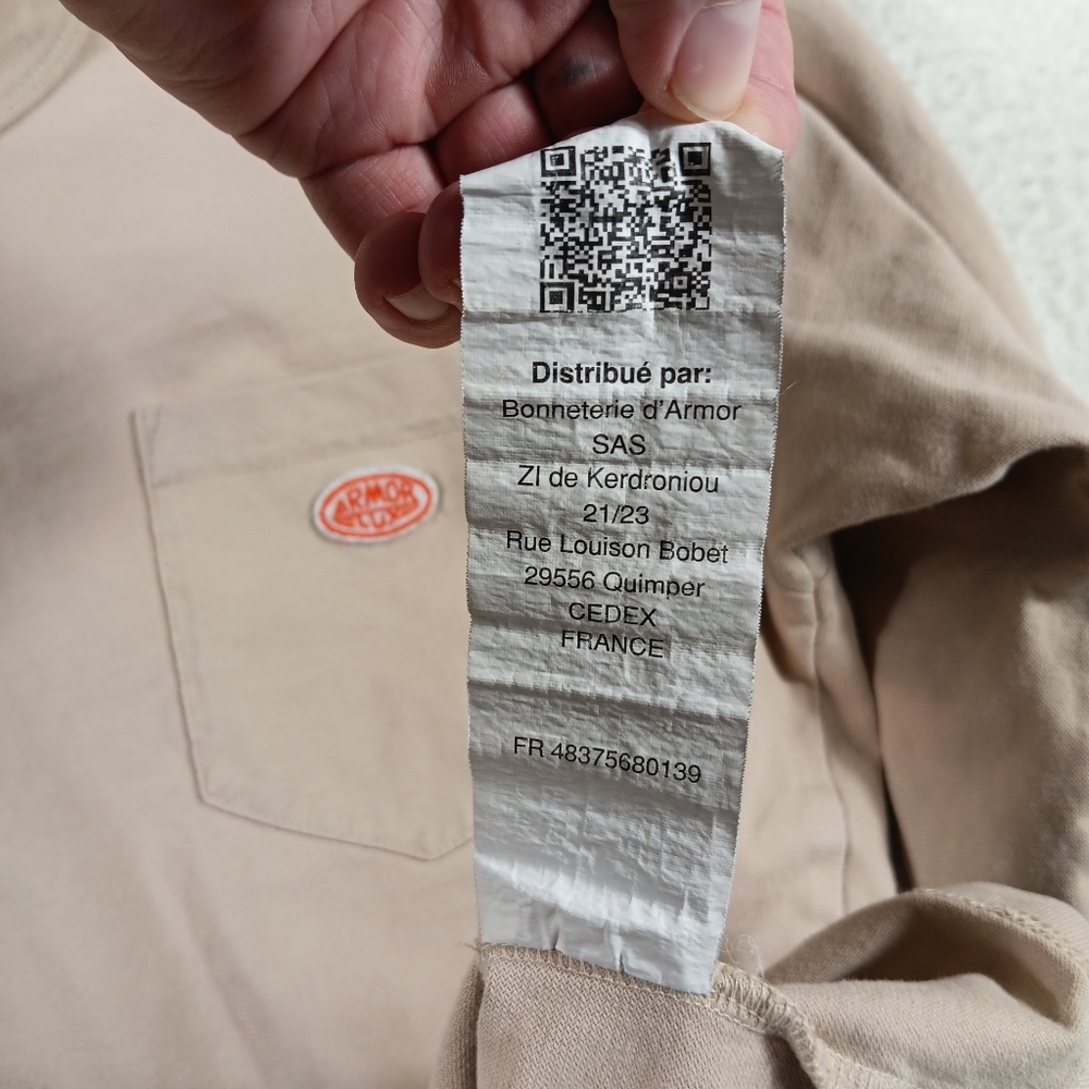 Armor Lux Shirt Mens Small Tan Long Sleeve Crew Neck 100% Cotton Pocket - Picture 4 of 12